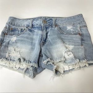 American Eagle Womens Jean Shortie Shorts Size 4 Distressed Stretch #0197 Blue
